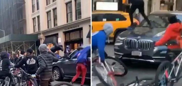 纽约暴力混混们当街用单车狠砸宝马车，简直可怕...